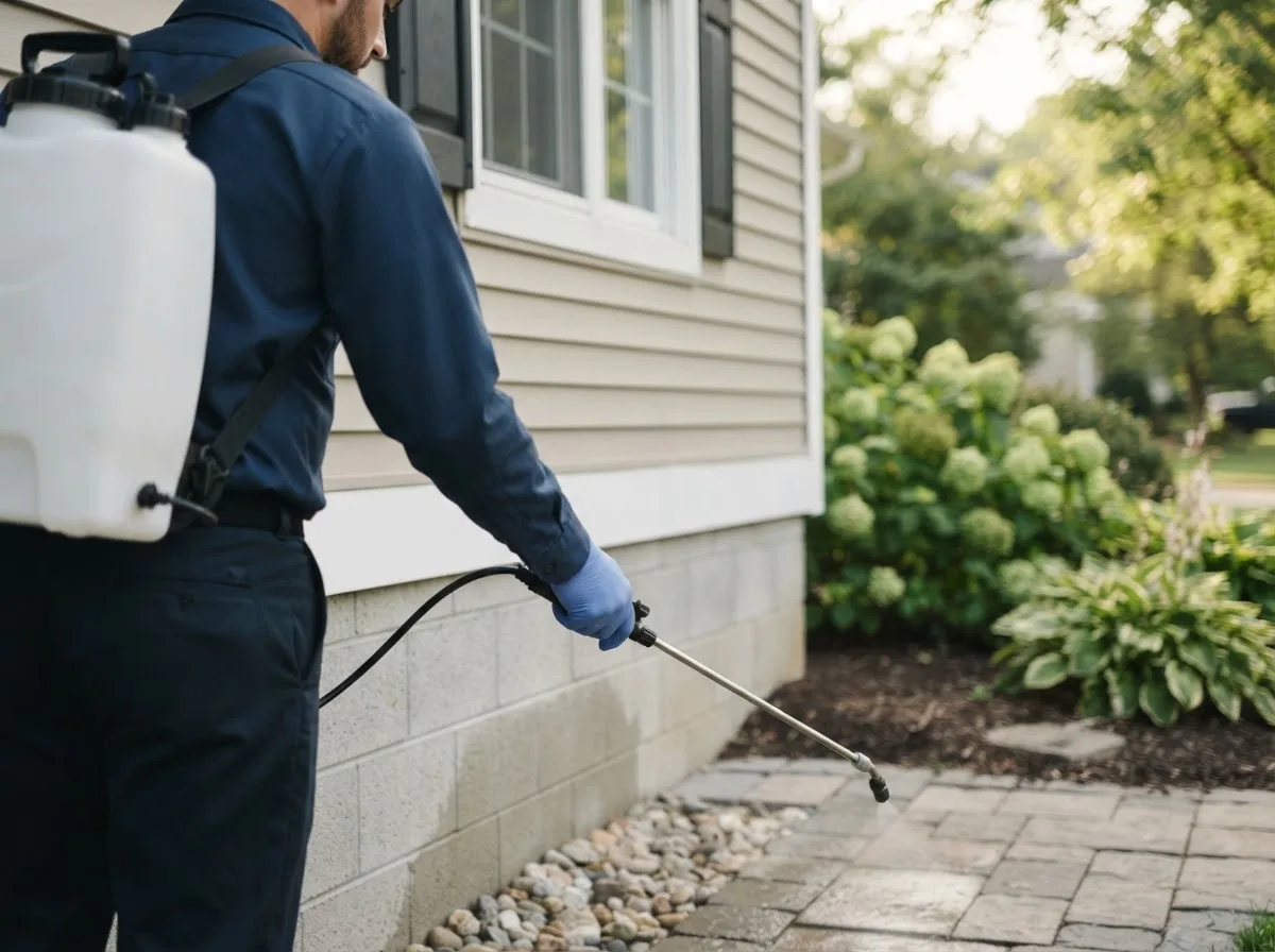 Pest control technician inspecting a home in Patten, ME